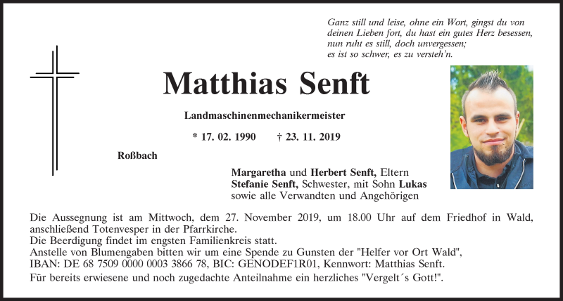  Traueranzeige für Matthias Senft vom 26.11.2019 aus Mittelbayerische Zeitung Regensburg