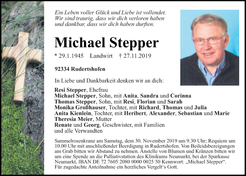  Traueranzeige für Michael Stepper vom 29.11.2019 aus Neumarkter Tagblatt