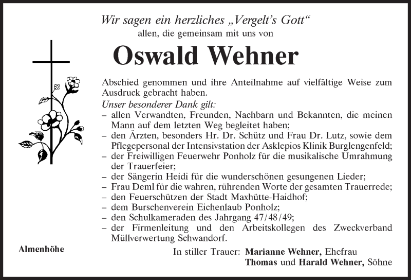  Traueranzeige für Oswald Wehner vom 09.11.2019 aus Mittelbayerische Zeitung Schwandorf