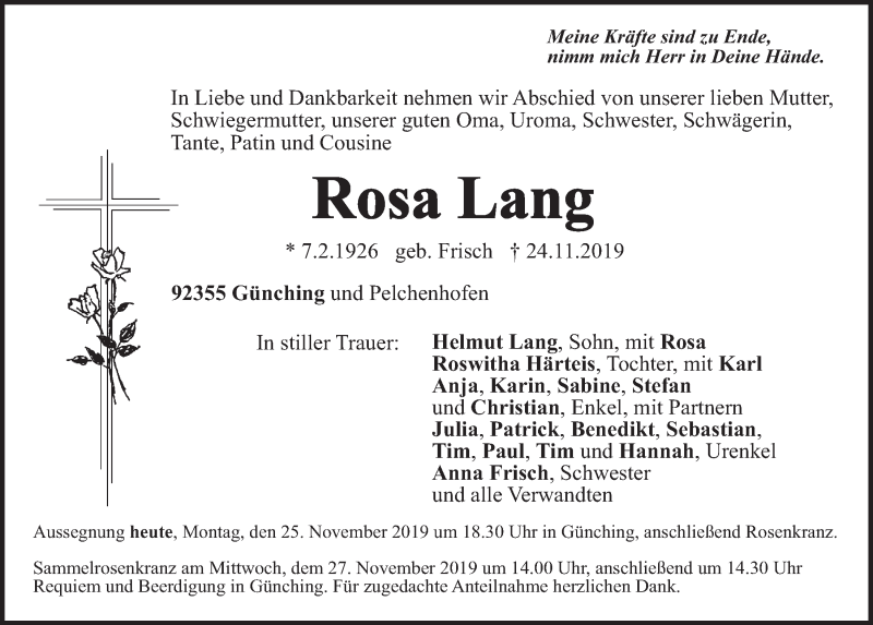  Traueranzeige für Rosa Lang vom 25.11.2019 aus Neumarkter Tagblatt