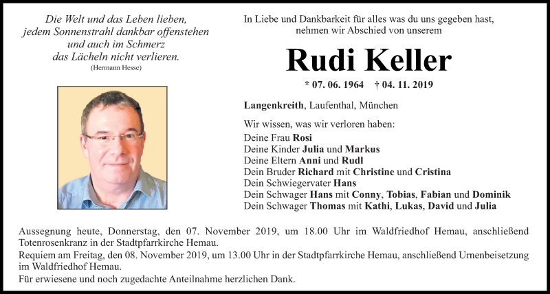  Traueranzeige für Rudi Keller vom 07.11.2019 aus Mittelbayerische Zeitung Regensburg