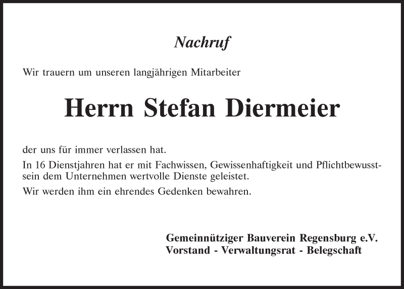  Traueranzeige für Stefan Diermeier vom 02.11.2019 aus Mittelbayerische Zeitung Regensburg