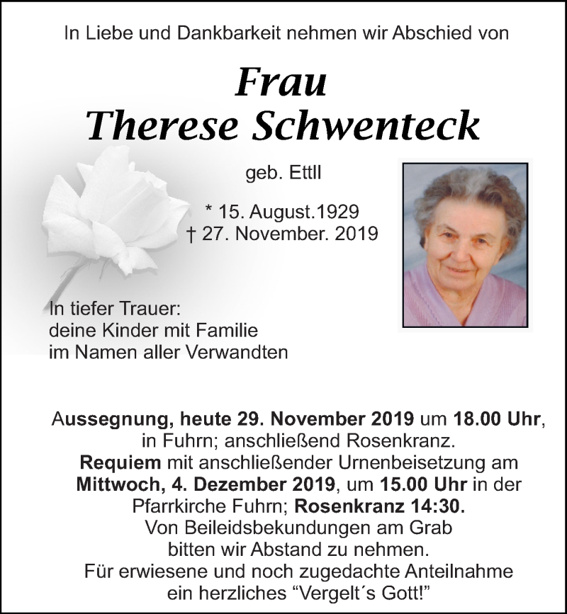  Traueranzeige für Therese Schwenteck vom 29.11.2019 aus Mittelbayerische Zeitung Schwandorf