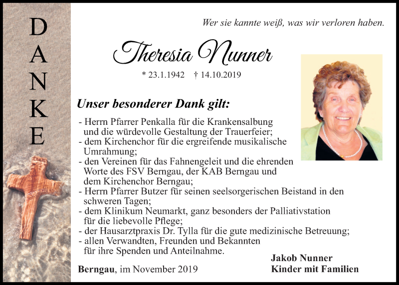  Traueranzeige für Theresia Nunner vom 13.11.2019 aus Neumarkter Tagblatt