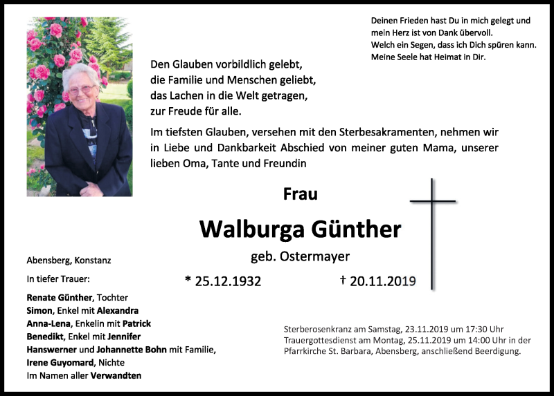  Traueranzeige für Walburga Günther vom 22.11.2019 aus Mittelbayerische Zeitung Kelheim