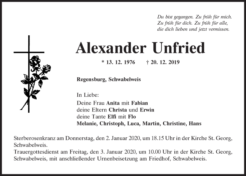  Traueranzeige für Alexander Unfried vom 28.12.2019 aus Mittelbayerische Zeitung Regensburg