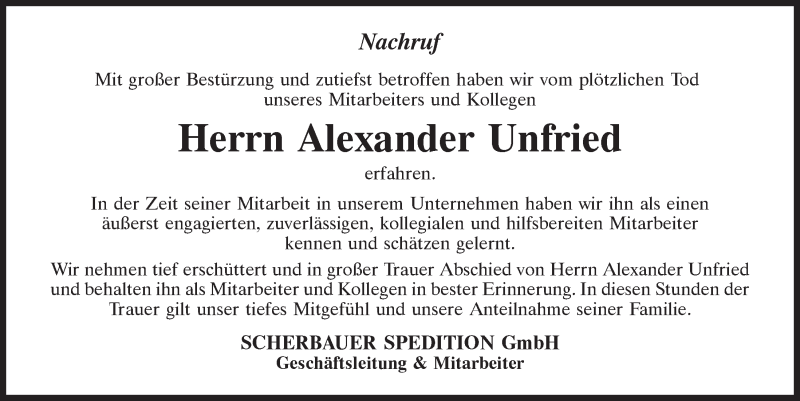  Traueranzeige für Alexander Unfried vom 24.12.2019 aus Mittelbayerische Zeitung Regensburg