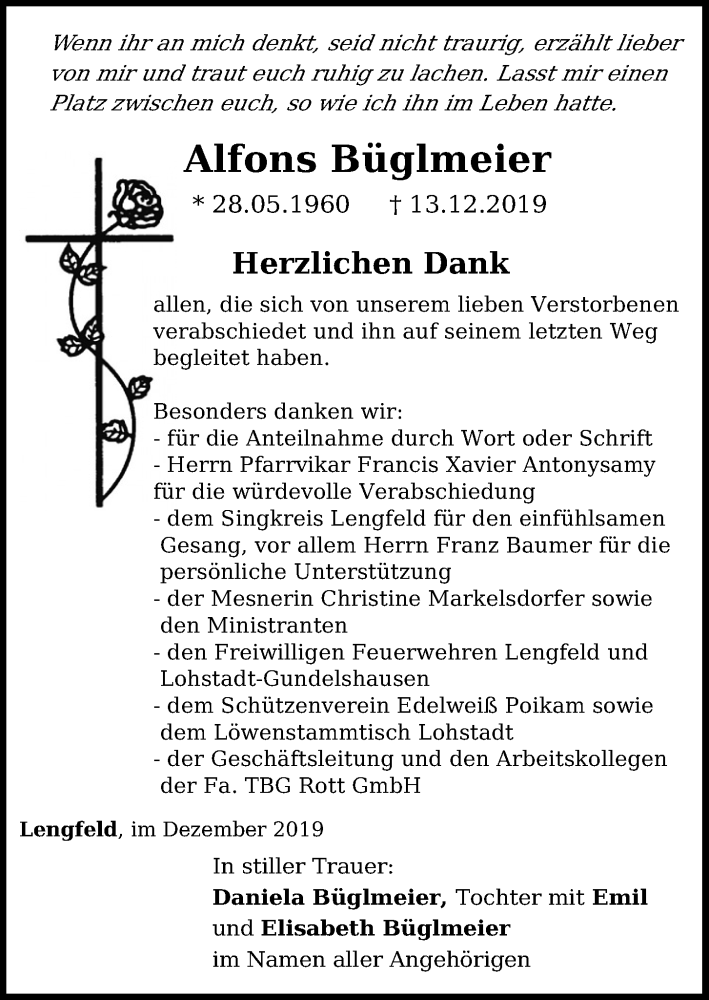  Traueranzeige für Alfons Büglmeier vom 31.12.2019 aus Mittelbayerische Zeitung Regensburg
