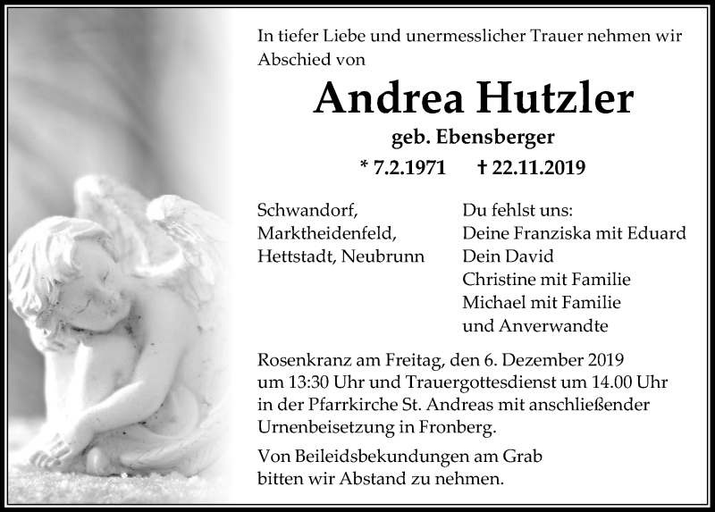  Traueranzeige für Andrea Hutzler vom 03.12.2019 aus Mittelbayerische Zeitung Schwandorf