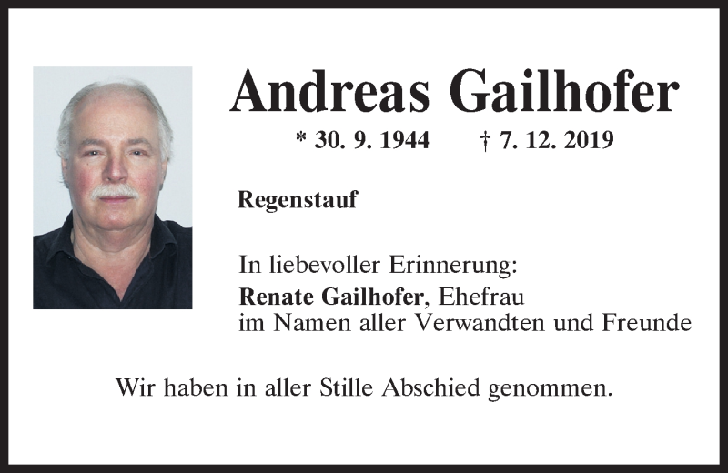  Traueranzeige für Andreas Gailhofer vom 14.12.2019 aus Mittelbayerische Zeitung Regensburg