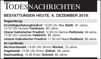Traueranzeige von Bestattungen vom 06.12.2019 von Mittelbayerische Zeitung Regensburg
