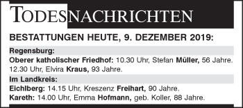Traueranzeige von Bestattungen vom 09.12.2019 von Mittelbayerische Zeitung Regensburg