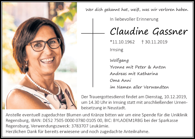  Traueranzeige für Claudine Gassner vom 07.12.2019 aus Mittelbayerische Zeitung Kelheim