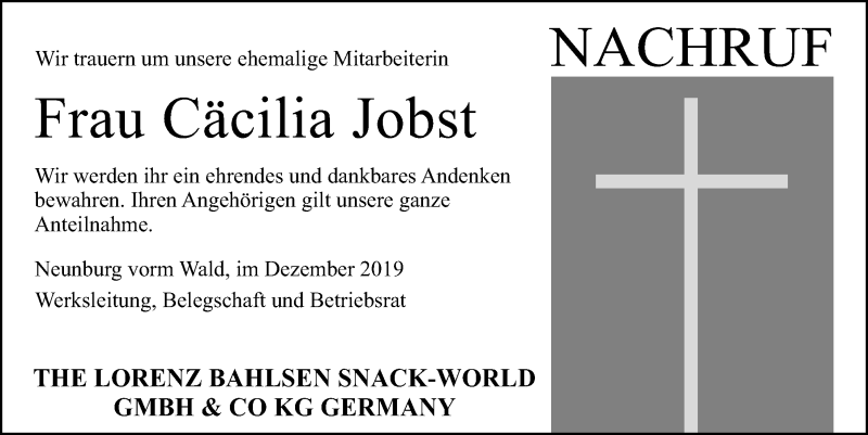  Traueranzeige für Cäcilia Jobst vom 19.12.2019 aus Mittelbayerische Zeitung Schwandorf