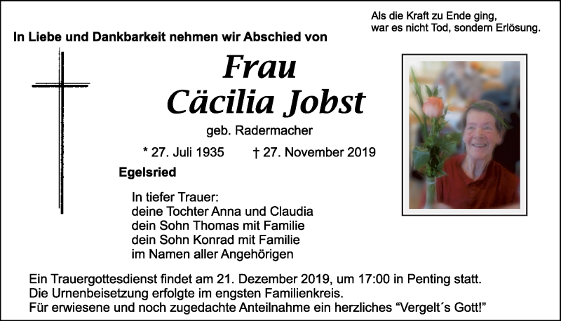  Traueranzeige für Cäcilia Jobst vom 18.12.2019 aus Bayerwald Echo