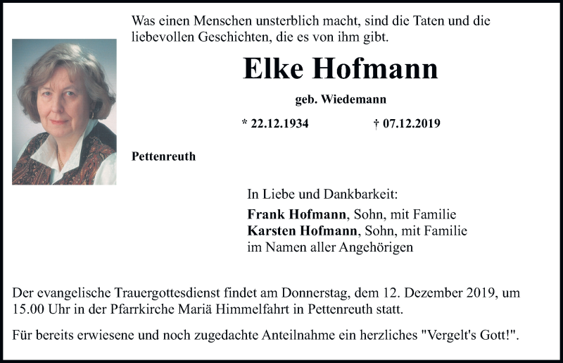  Traueranzeige für Elke Hofmann vom 10.12.2019 aus Mittelbayerische Zeitung Regensburg