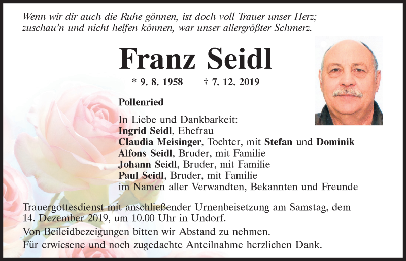  Traueranzeige für Franz Seidl vom 10.12.2019 aus Mittelbayerische Zeitung Regensburg