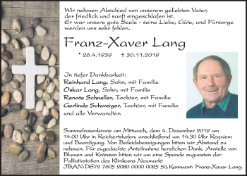 Traueranzeige von Franz-Xaver Lang von Neumarkter Tagblatt