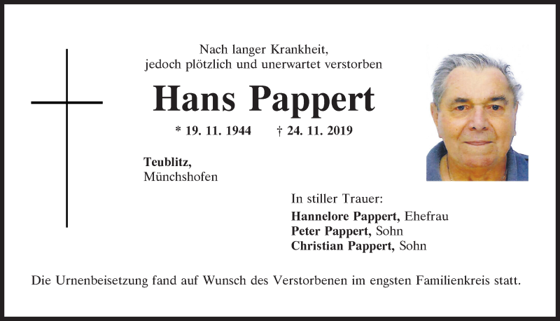  Traueranzeige für Hans Pappert vom 07.12.2019 aus Mittelbayerische Zeitung Schwandorf
