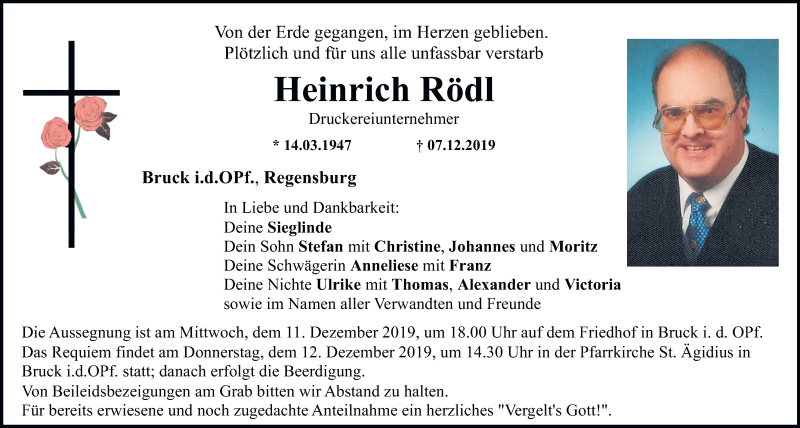  Traueranzeige für Heinrich Rödl vom 09.12.2019 aus Mittelbayerische Zeitung Schwandorf