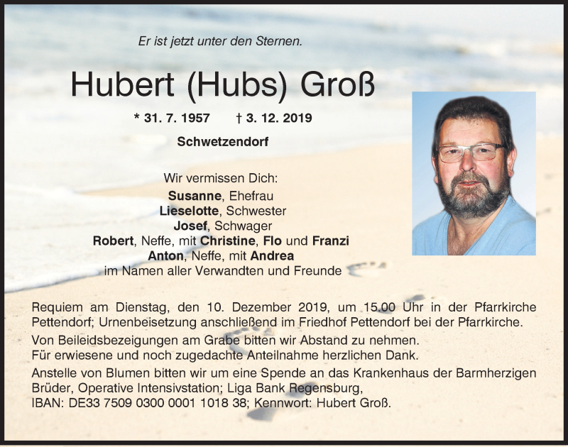  Traueranzeige für Hubert Groß vom 07.12.2019 aus Mittelbayerische Zeitung Regensburg