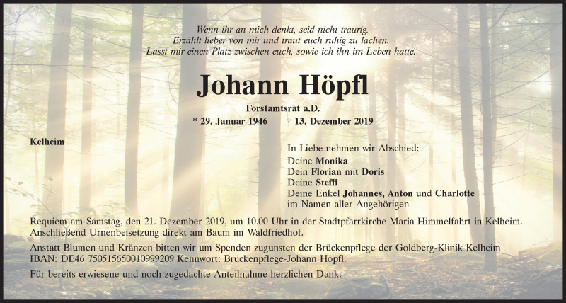  Traueranzeige für Johann Höpfl vom 18.12.2019 aus Mittelbayerische Zeitung Kelheim