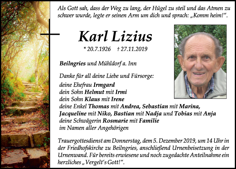  Traueranzeige für Karl Lizius vom 04.12.2019 aus Neumarkter Tagblatt