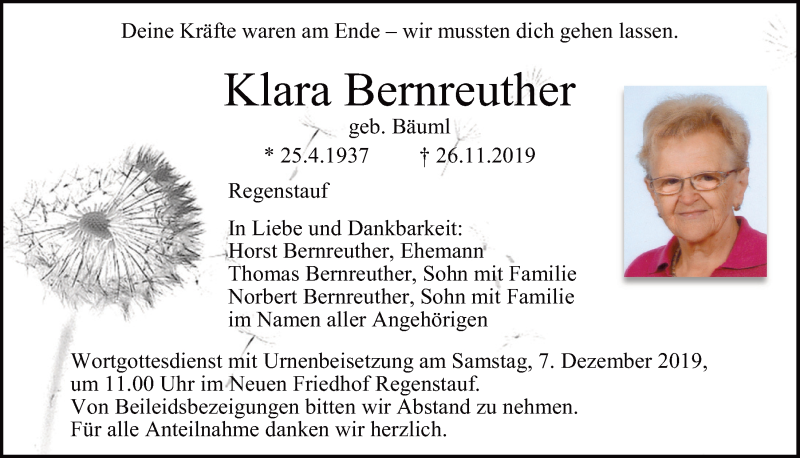 Traueranzeige für Klara Bernreuther vom 04.12.2019 aus Mittelbayerische Zeitung Regensburg