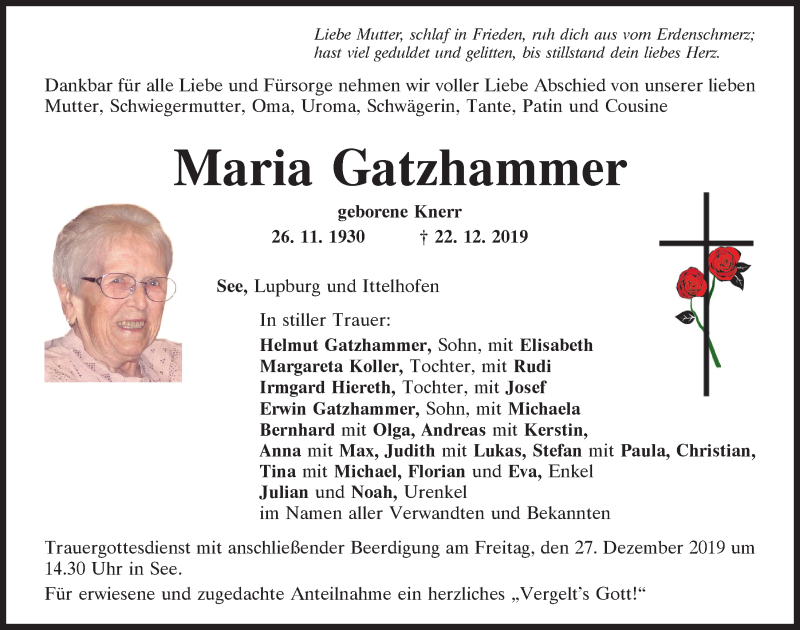  Traueranzeige für Maria Gatzhammer vom 24.12.2019 aus Neumarkter Tagblatt