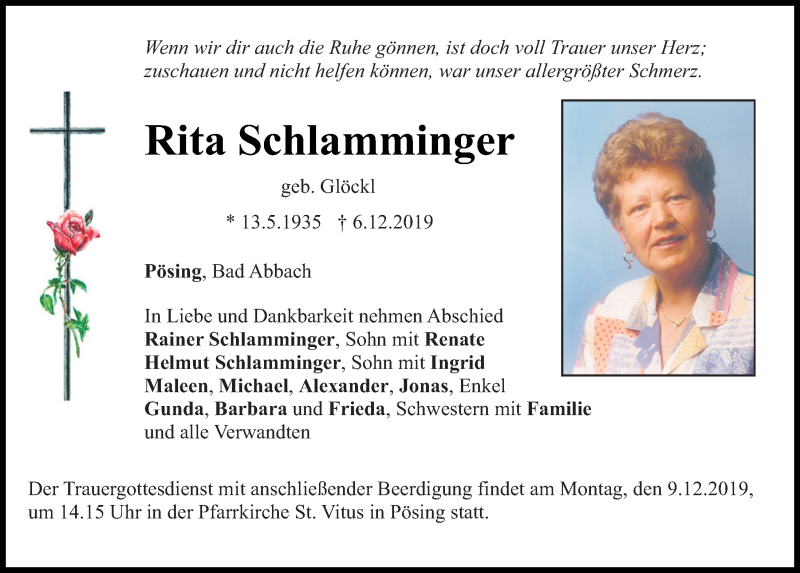 Traueranzeigen von Rita Schlamminger | Mittelbayerische Trauer
