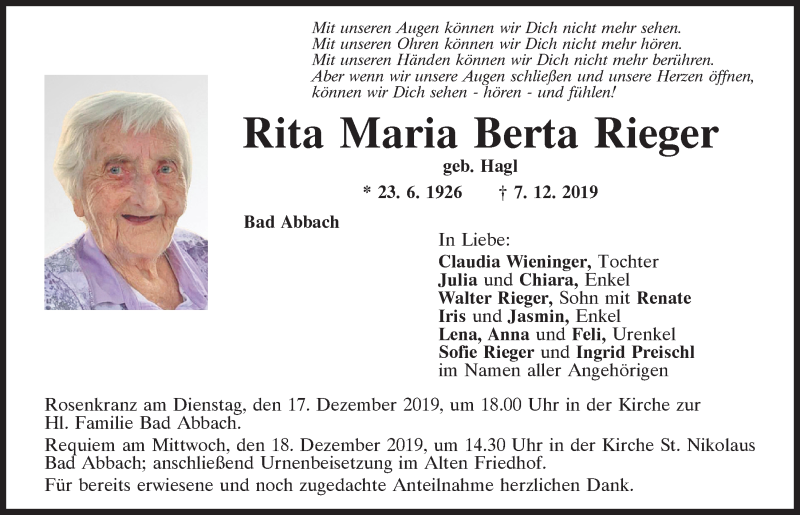  Traueranzeige für Rita Maria Berta Rieger vom 14.12.2019 aus Mittelbayerische Zeitung Regensburg