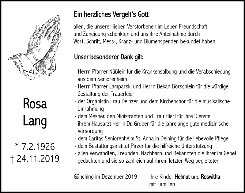  Traueranzeige für Rosa Lang vom 21.12.2019 aus Neumarkter Tagblatt