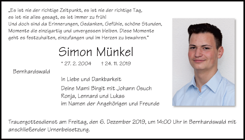  Traueranzeige für Simon Münkel vom 04.12.2019 aus Mittelbayerische Zeitung Regensburg