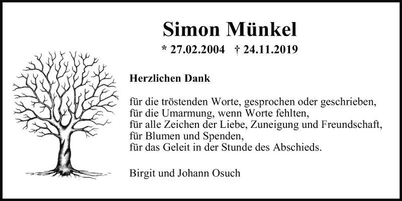  Traueranzeige für Simon Münkel vom 14.12.2019 aus Mittelbayerische Zeitung Regensburg