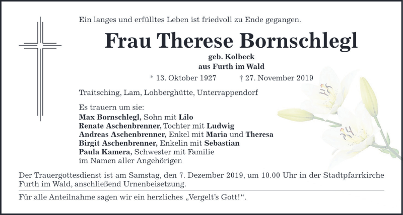  Traueranzeige für Therese Bornschlegl vom 04.12.2019 aus Bayerwald Echo