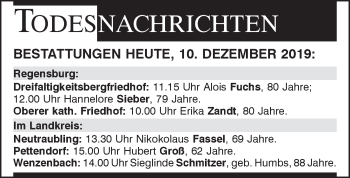 Traueranzeige von Totentafel vom 10.12.2019 von Mittelbayerische Zeitung Regensburg