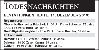 Traueranzeige von Totentafel vom 11.12.2019 von Mittelbayerische Zeitung Regensburg