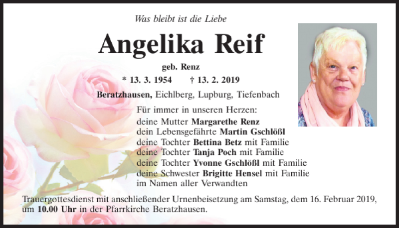 Traueranzeige für Angelika Reif vom 14.02.2019 aus Mittelbayerische Zeitung Regensburg