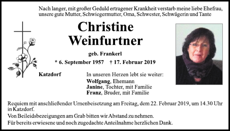  Traueranzeige für Christine Weinfurtner vom 19.02.2019 aus Mittelbayerische Zeitung Schwandorf