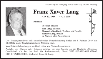 Traueranzeige von Franz Xaver Lang von Mittelbayerische Zeitung Schwandorf