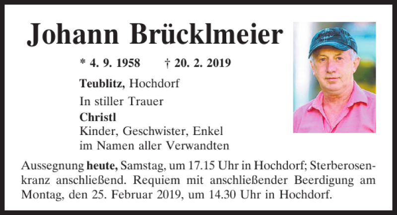  Traueranzeige für Johann Brücklmeier vom 23.02.2019 aus Mittelbayerische Zeitung Schwandorf
