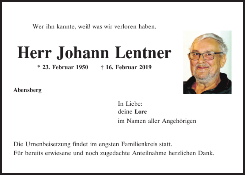  Traueranzeige für Johann Lentner vom 19.02.2019 aus Mittelbayerische Zeitung Kelheim