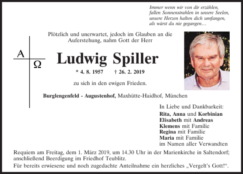  Traueranzeige für Ludwig Spiller vom 28.02.2019 aus Mittelbayerische Zeitung Schwandorf