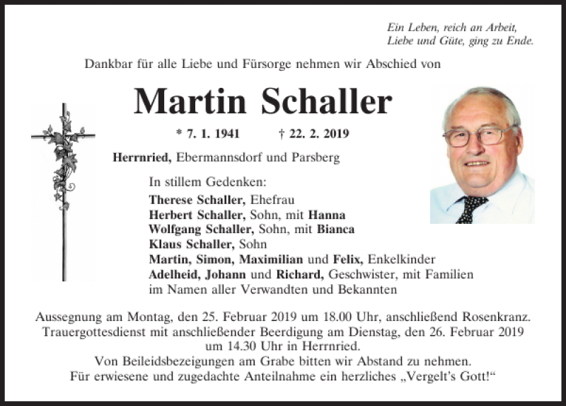 Traueranzeige für Martin Schaller vom 23.02.2019 aus Neumarkter Tagblatt