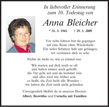 Traueranzeige von Anna Bleicher von Mittelbayerische Zeitung Regensburg