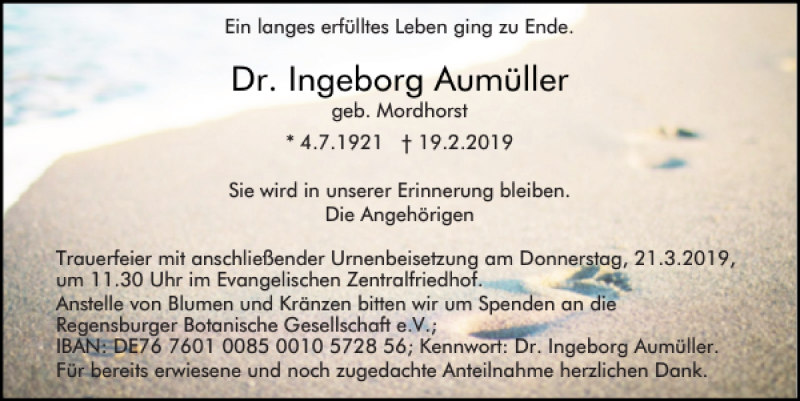  Traueranzeige für Dr. Ingeborg Aumüller vom 16.03.2019 aus Mittelbayerische Zeitung Regensburg