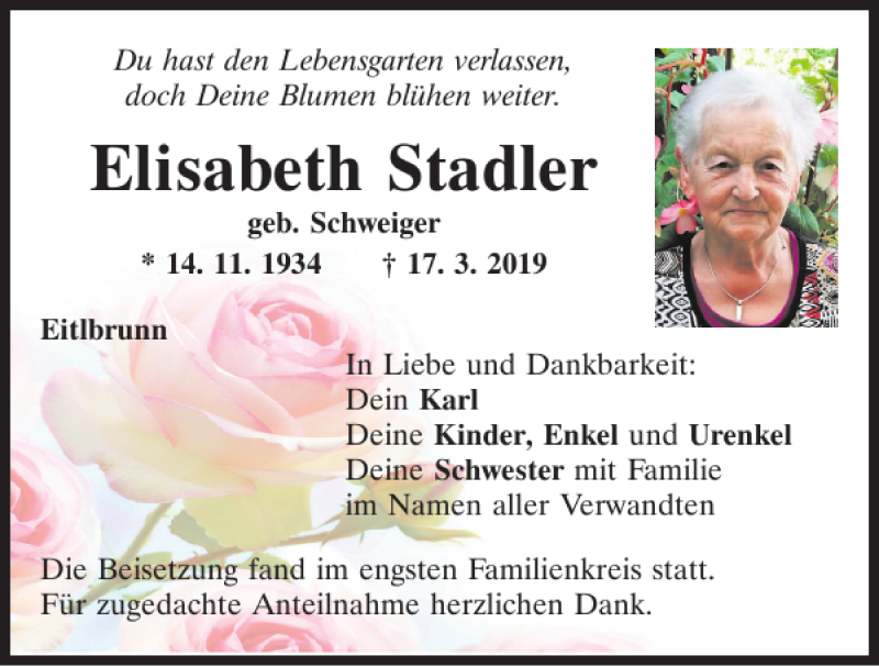  Traueranzeige für Elisabeth Stadler vom 23.03.2019 aus Mittelbayerische Zeitung Regensburg