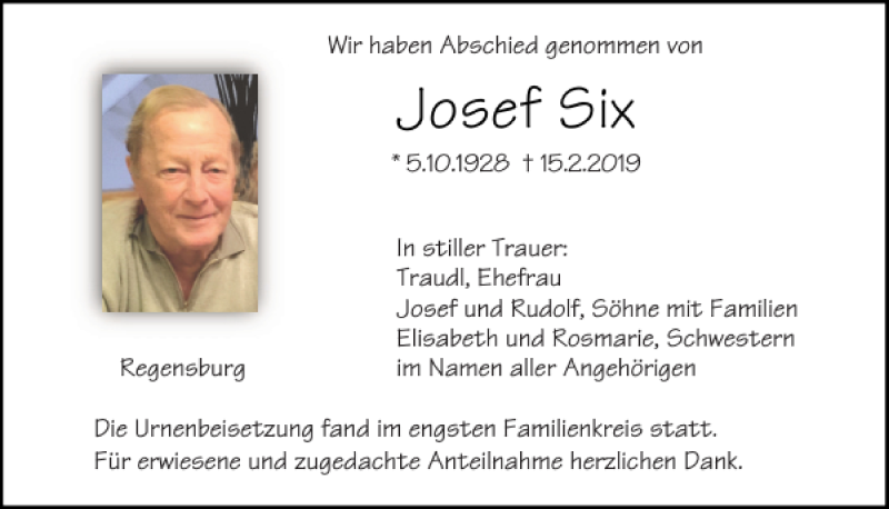  Traueranzeige für Josef Six vom 02.03.2019 aus Mittelbayerische Zeitung Regensburg