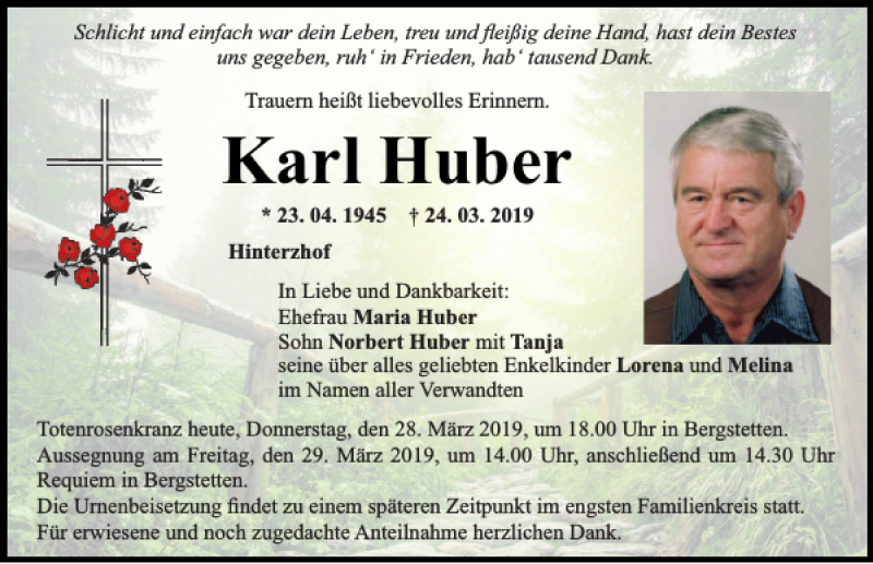  Traueranzeige für Karl Huber vom 28.03.2019 aus Mittelbayerische Zeitung Regensburg