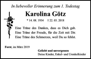 Traueranzeige von Karolina Götz von Neumarkter Tagblatt